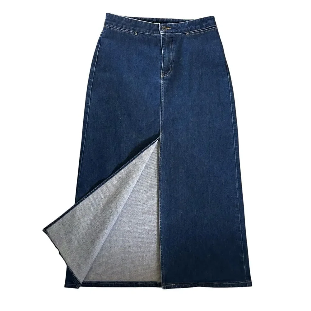 Y2K GAP Dark Wash Denim Maxi Skirt Stretch Size 8 Front Slit High Waist